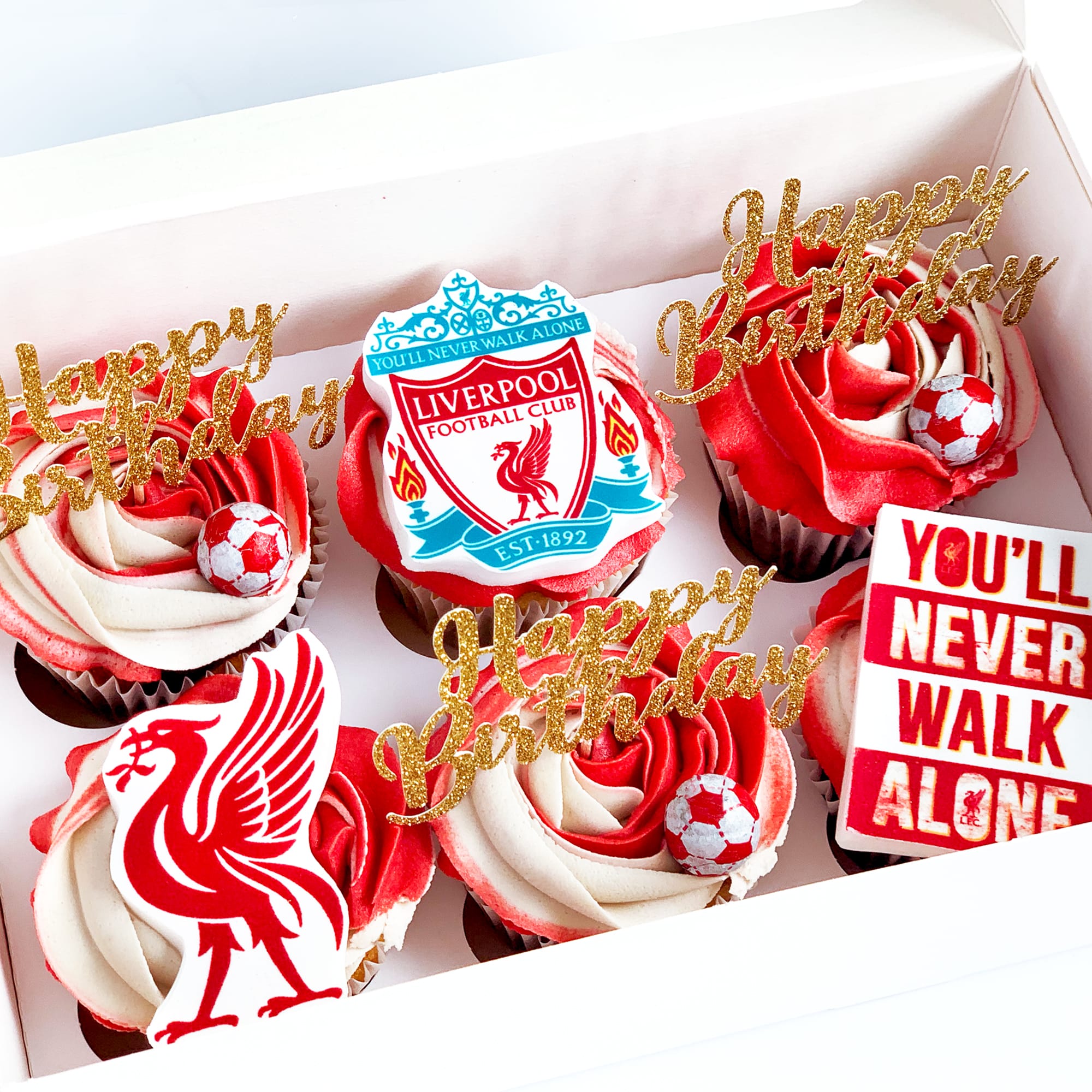 Cupcakes with a liverpool inspired design